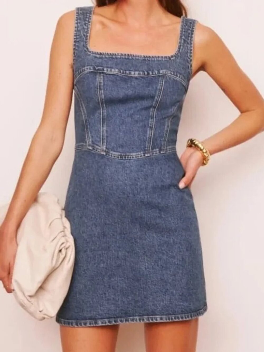 Reformation Davies Bustier Denim Mini Dress Preppy Academia in Laguna Blue 0